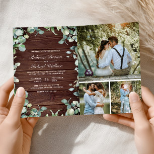 Modern Eucalyptus QR Code Rustic Wood Wedding Invitation