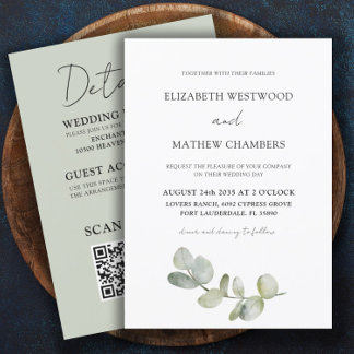 Modern Eucalyptus Sage Green All In One Wedding Invitation