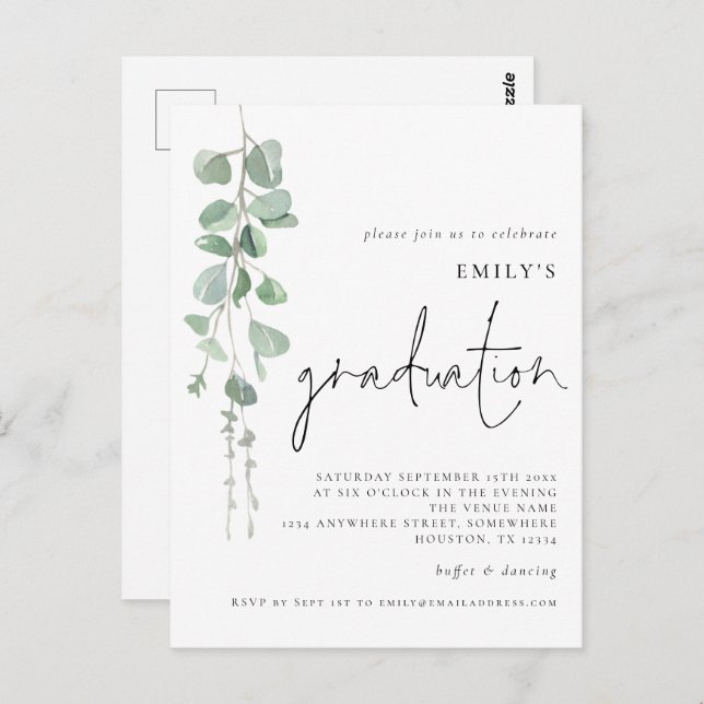 Modern Eucalyptus Script 2024 Graduation Invite Postcard (Front/Back)