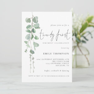 Modern Eucalyptus Script 21st Birthday Party Invitation