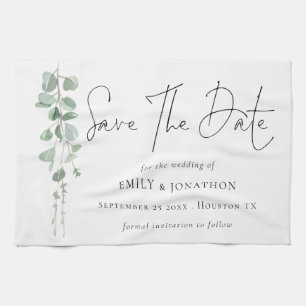 Modern Eucalyptus Script Keepsake Save The Date Tea Towel