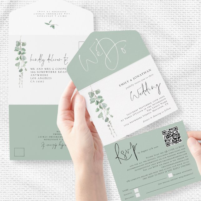 Modern Eucalyptus Script QR Code Wedding All In One Invitation (Cnvenient all in one invitation and rsvp)