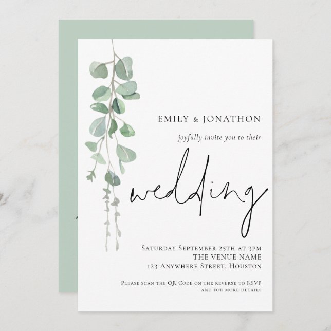 Modern Eucalyptus Script QR Code Wedding Invitation (Front/Back)