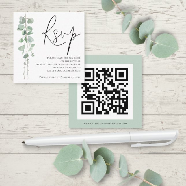 Modern Eucalyptus Script QR Code Wedding RSVP  Enclosure Card (Front and back view)