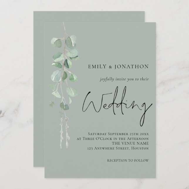 Modern Eucalyptus Script Sage Green Wedding Invitation (Front/Back)