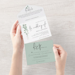 Modern Eucalyptus Script Wedding All In One Invitation