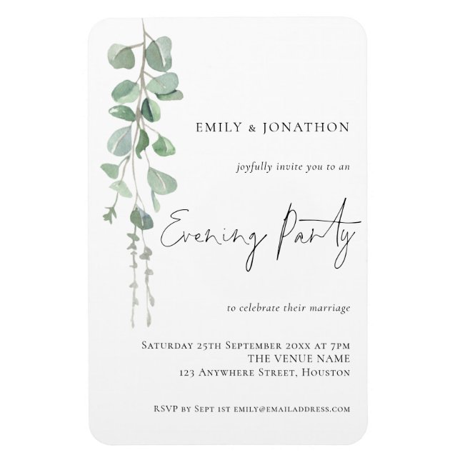 Modern Eucalyptus Script Wedding Evening Invite Magnet (Vertical)