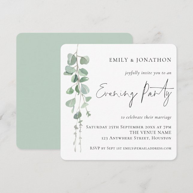 Modern Eucalyptus Script Wedding Evening Party  Invitation (Front/Back)