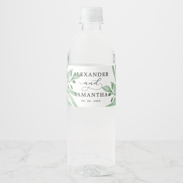 Modern Eucalyptus Succulent Minimalist Wedding Water Bottle Label (Front)