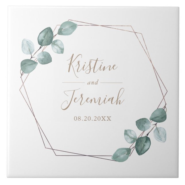 Modern Eucalyptus Watercolor Coffee Script Wedding Ceramic Tile (Front)