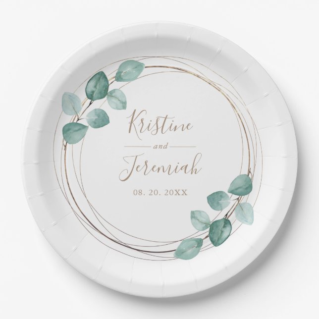 Modern Eucalyptus Watercolor Coffee Script Wedding Paper Plate (Front)