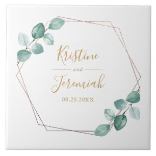 Modern Eucalyptus Watercolor Gold Script Wedding Ceramic Tile