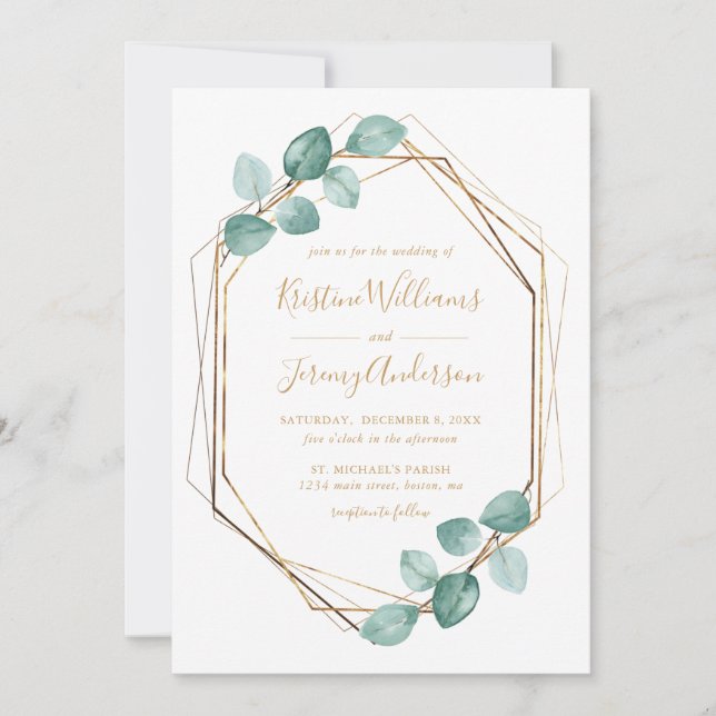 Modern Eucalyptus Watercolor Gold Script Wedding I Invitation (Front)