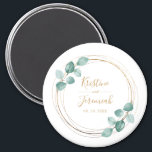 Modern Eucalyptus Watercolor Gold Script Wedding Magnet<br><div class="desc">These custom botanical magnets make and elegant wedding favour. This modern design template features a faux gold round frame accented by hand painted watercolor eucalyptus greenery with your names and date to personalise in hand lettered typography. Please check out our I Love Weddingz shop to find more selections in this...</div>