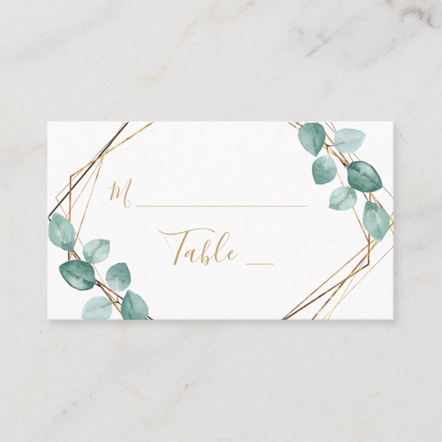Modern Eucalyptus Watercolor Gold Script Wedding Place Card (Front)