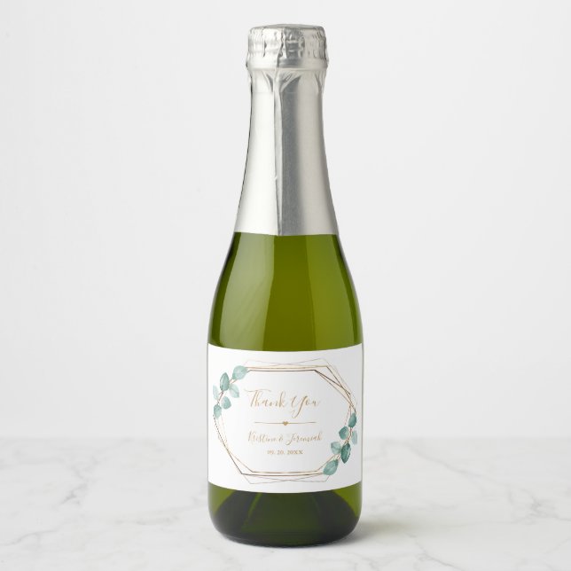 Modern Eucalyptus Watercolor Gold Script Wedding Sparkling Wine Label (Front)