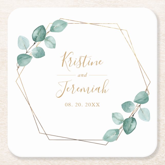 Modern Eucalyptus Watercolor Gold Script Wedding Square Paper Coaster (Front)