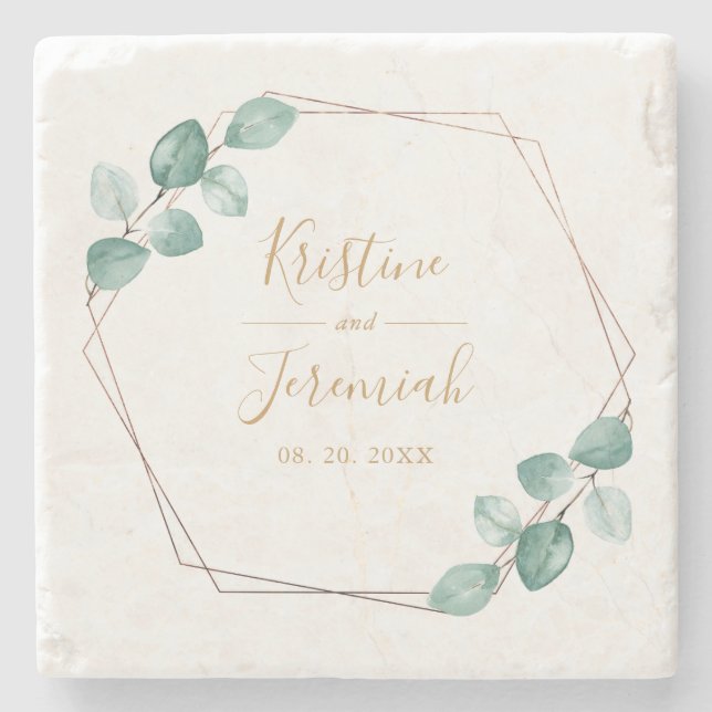 Modern Eucalyptus Watercolor Gold Script Wedding Stone Coaster (Front)