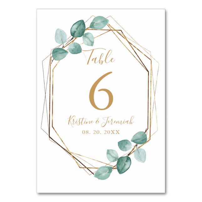 Modern Eucalyptus Watercolor Gold Script Wedding Table Number (Front)