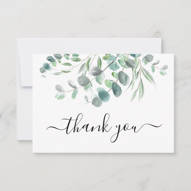 Modern Eucalyptus Watercolor Green Foliage Script Thank You Card (Front)