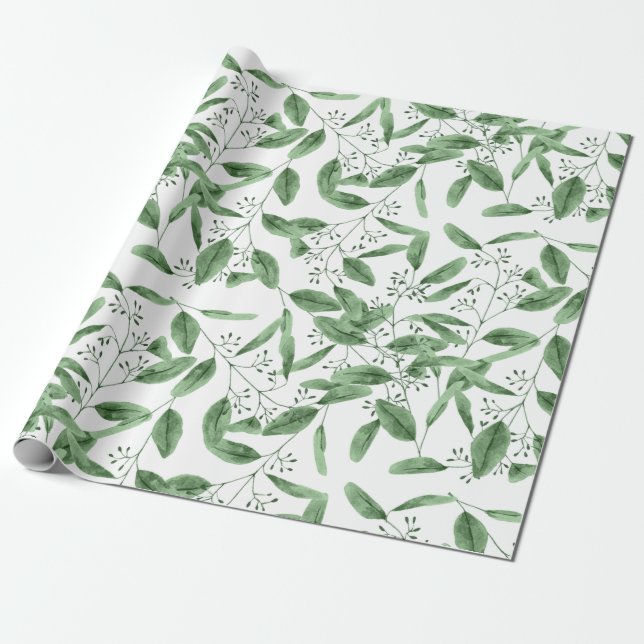 Modern Eucalyptus Watercolor Green Leaves Pattern Wrapping Paper (Unrolled)