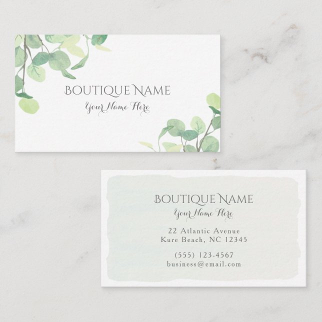 Modern Eucalyptus Watercolor Greenery Boutique Business Card (Front/Back)