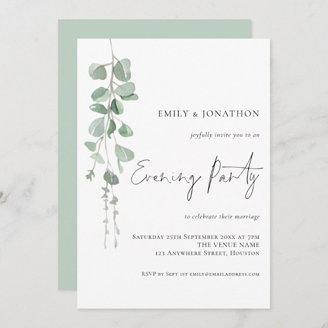 Modern Eucalyptus Wedding Evening Party Invitation (Front/Back)