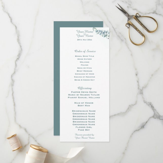 Modern Eucalyptus Wedding Program (Front/Back In Situ)