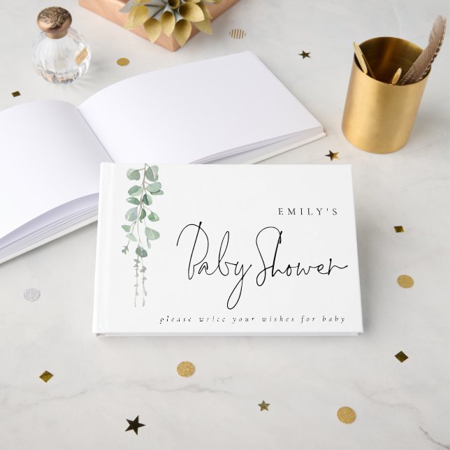 Modern Eucalyptus Wishes for Baby Shower Guest Book (Front Open)