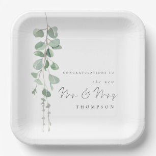 Modern Eucalyptus Wishes for Newlyweds Paper Plate