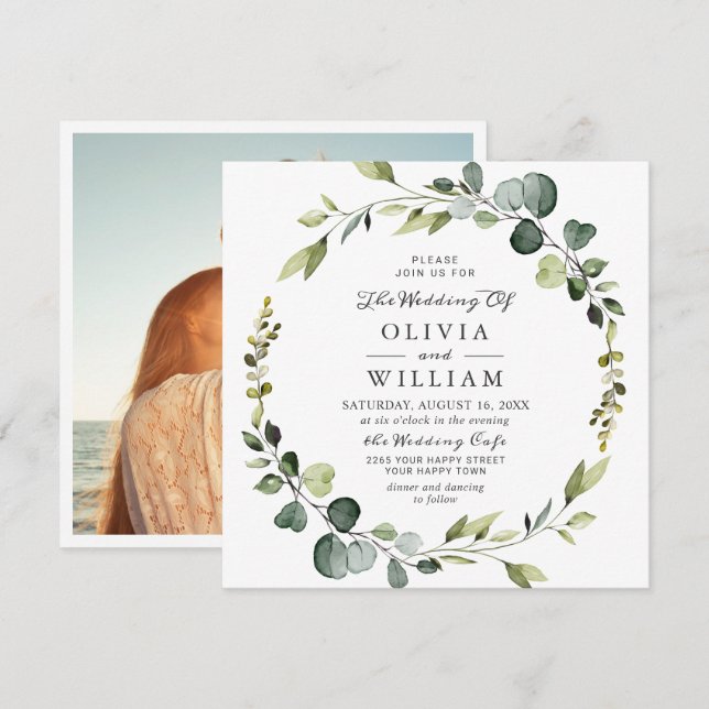 Modern Eucalyptus Wreath Frame PHOTO Wedding Invitation (Front/Back)