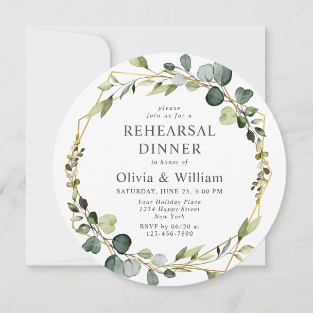 Modern Eucalyptus Wreath Frame REHEARSAL DINNER Invitation (Front)