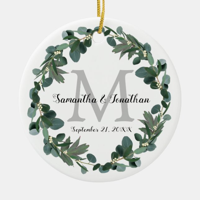 Modern Eucalyptus Wreath Monogram Wedding Keepsake Ceramic Ornament (Front)