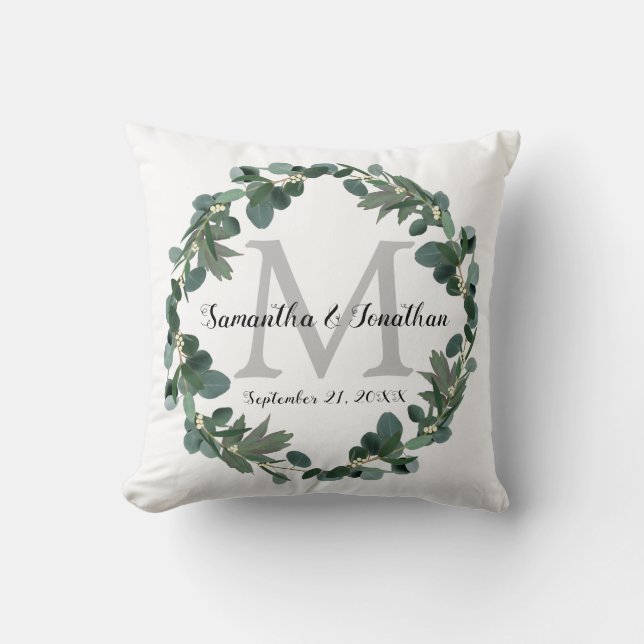Modern Eucalyptus Wreath Monogram Wedding Keepsake Cushion (Front)