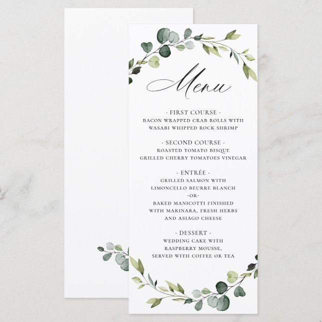 Modern Eucalyptus Wreath Watercolor Wedding Boho Menu (Front/Back)