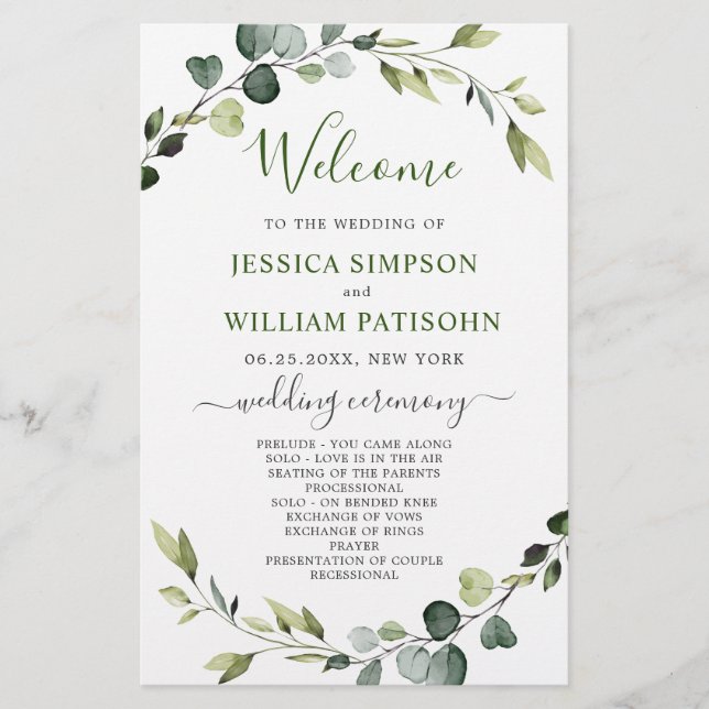 Modern Eucalyptus Wreath Wedding Ceremony Program  (Front)