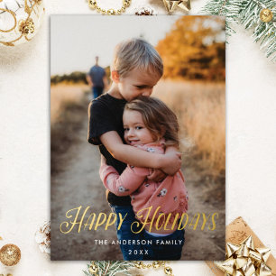Modern Evergreen Christmas Two Photo Vertical Foil Holiday Card