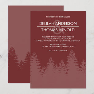 Modern Evergreen Trees Burgundy Winter Wedding Invitation