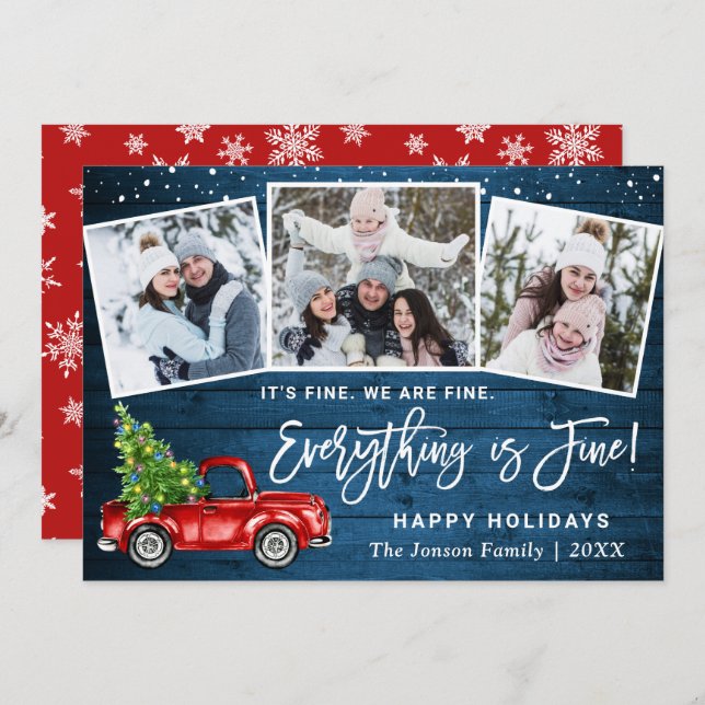 Modern Everything is Fine Christmas 3 Photo Holiday Card (Front/Back)