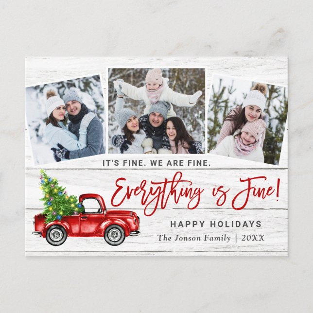 Modern Everything is Fine Christmas 3 Photo Postcard (Front)