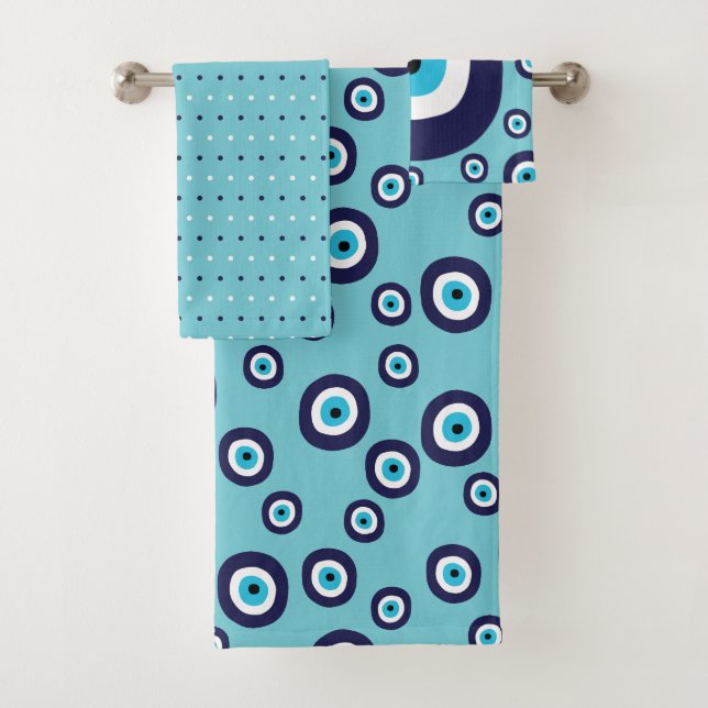 Modern Evil Eye Navy Blue Aqua Circles Pattern Bath Towel Set (Insitu)