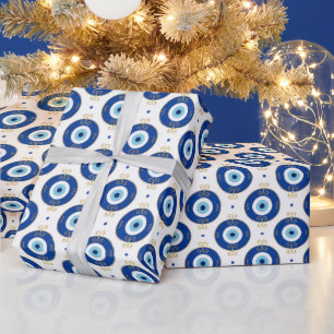 Modern Evil Eye Pattern Blue & Gold Protection Wrapping Paper