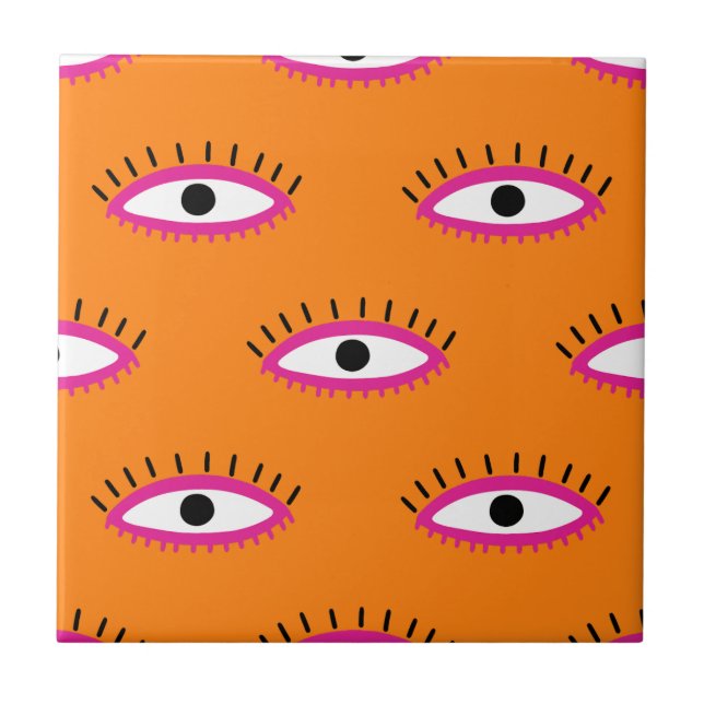 Modern Evil Eye Pattern Burnt Orange Boho Ceramic Tile (Front)