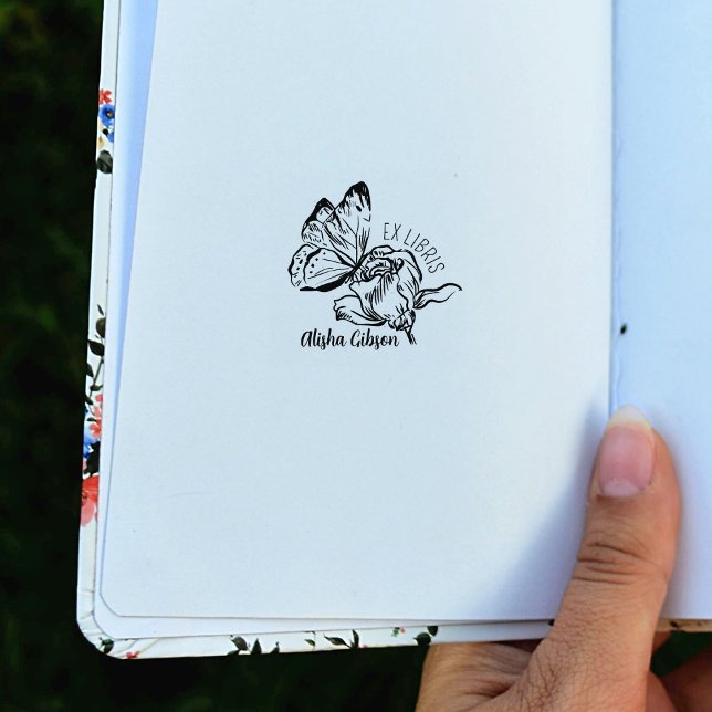 Modern Ex Libris Flower Butterfly, Book Rubber Stamp (Creator Uploaded)