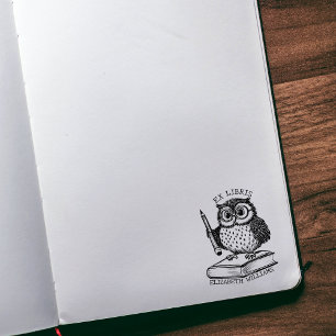 Modern Ex Libris Owl with Book, Custom Library Rubber Stamp