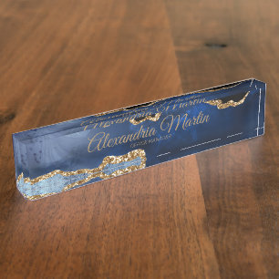Modern Executive Navy Blue Gold Glitter Script Nameplate