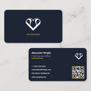 Modern Executive Navy Blue & Gold QR Code Business Card