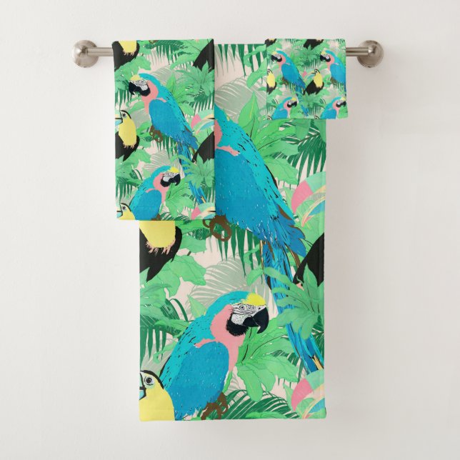 Modern Exotic Birds & Foliage Tropical Design Bath Towel Set (Insitu)
