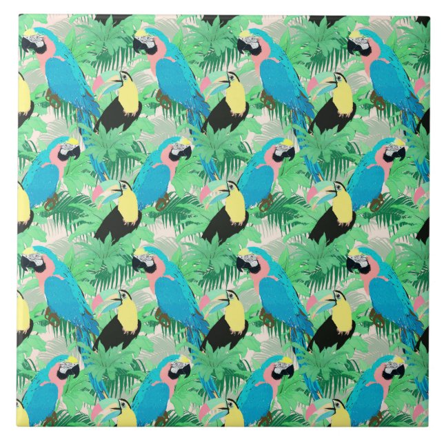 Modern Exotic Birds & Foliage Tropical Design Ceramic Tile (Front)