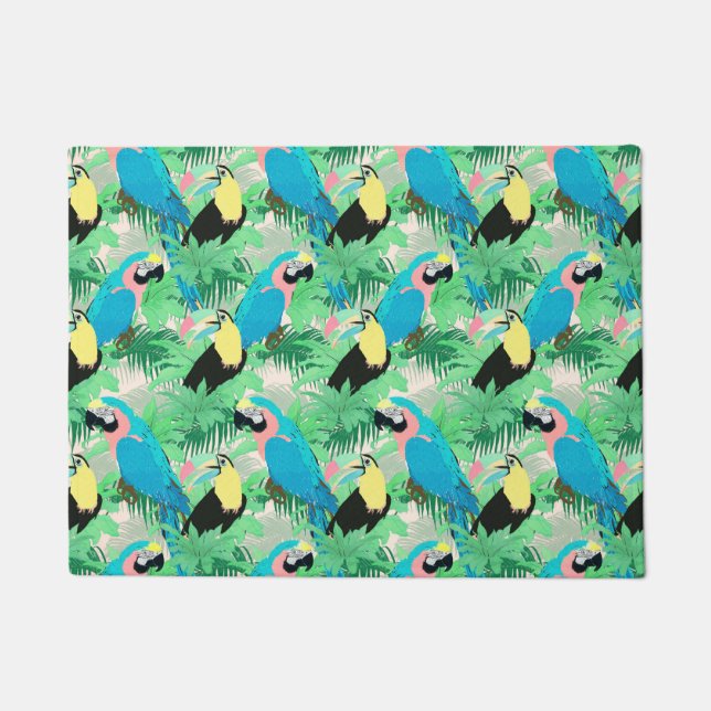 Modern Exotic Birds & Foliage Tropical Design Doormat (Front)